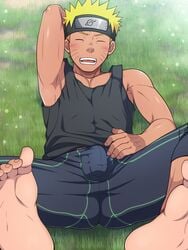 1boy barefoot big_penis blonde_hair blush closed_eyes feet foot_fetish foot_focus futase_hikaru grass grin grinning looking_at_viewer lunatique male male_only naruto naruto_(series) naruto_shippuden open_mouth outdoors outside pose posing seductive seductive_look seductive_smile soles solo solo_focus solo_male tan_skin tank_top teeth toes uzumaki_naruto vest whisker_markings whiskers yellow_hair