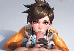 ai ai_generated anime_style blowjob brown_eyes brown_hair close-up cute d.va deep_blowjob deepthroat detailed_shading fellatio female female light_skin male orange_jumpsuit overwatch patreon_watermark sexual_content short_hair sucking sucking_penis tracer