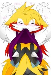 ambiguous_gender anthro black_body black_fur bottomless braixen breast_grab breasts canid canine cheek_tuft claws clothed clothing duo facial_tuft featureless_breasts featureless_crotch female first_person_view fur generation_4_pokemon generation_6_pokemon hand_on_breast hi_res lucario medium_breasts nakachidragon nintendo partially_clothed pokemon pokemon_(species) pokemorph purple_clothing raised_clothing raised_topwear red_body red_fur simple_background text topwear tuft white_background yellow_body yellow_fur