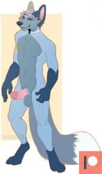 2020 anthro biped blue_body blue_fur blue_nose blue_tail canid canine coffaefox digital_drawing_(artwork) digital_media_(artwork) dipstick_tail emmett_jayhart english_text fox fur fur_markings genitals gloves_(marking) hair hi_res humanoid_genitalia humanoid_penis leg_markings looking_at_viewer male male_anthro male_only mammal markings multicolored_body multicolored_fur multicolored_tail nude nude_anthro nude_male patreon patreon_logo paws penis pink_penis pubes purple_hair red_fox silver_fox simple_background sleepeatea smile socks_(marking) solo tail tail_markings text three-quarter_view true_fox white_tail_tip yellow_eyes
