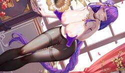 alternate_breast_size aoi_(buzhuen444) black_choker black_pantyhose blunt_bangs blush braid breasts choker collarbone commentary_request disembodied_hand dutch_angle feet_out_of_frame female finger_to_mouth flower genshin_impact gluteal_fold grabbing_another's_breast groping hair_flower hair_ornament hand_up highres huge_breasts indoors jewelry leaning_forward long_hair long_legs looking_at_viewer low-braided_long_hair low-tied_long_hair mole mole_under_eye nail_polish navel nipples no_panties pantyhose parted_lips phonograph purple_eyes purple_hair purple_nails raiden_shogun side_slit solo stomach thighs veins veiny_breasts very_long_hair window