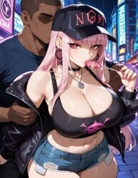 1boy 1girls 2025 2d abs ai_generated baseball_cap big_breasts boyfriend-girlfriend city_background cleavage clothed clothing curvy curvy_female cute dark-skinned_male denim_shorts earrings generic_dark-skinned-muscular_male groping height_difference hi_res hime_cut interracial jacket_open japanese lollipop lollipop_in_mouth long_hair looking_at_viewer mascara mori_calliope motorcycle25 necklace netorare ntr pale-skinned_female pink_eyes pink_hair pink_nails source_request streamer tank_top thick_thighs vtuber