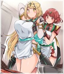 2girls absurdres apron blonde_hair bowl breasts candy chocolate chocolate_bar commentary_request female food highres jewelry kurokaze_no_sora large_breasts long_hair multiple_girls mythra mythra_(xenoblade) pyra pyra_(xenoblade) red_eyes red_hair short_hair skindentation thighs xenoblade_chronicles_(series) xenoblade_chronicles_2 yellow_eyes