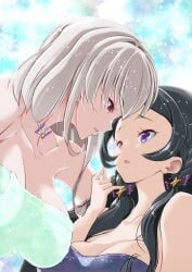 2girls black_hair breasts cure_kiss cure_zukyoon female female_only idol kimi_to_idol_precure light-skinned_female light_skin magical_girl magical_girl_transformation meroron meroron_(kimi_to_idol_precure) precure pretty_cure purirun purirun_(kimi_to_idol_precure) purple_eyes red_eyes toei_animation white_hair yuri zokusan
