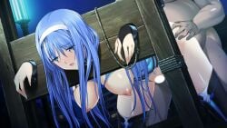 1boy alicesoft bent_over blue_eyes blue_hair blush bondage bondage bound bound_wrists breasts bridal_gauntlets censored chains choukou_(alicesoft) choukou_shinki_ixseal dark_skin doggy_style ellis_xillia fat fat_man female hairband hanging_breasts ixseal large_breasts long_hair nipples official_art onigirikun open_mouth rape restrained sex sex_from_behind solo_focus stationary_restraints straight thighhighs torn_clothes white_hairband