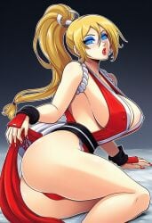 ai_generated bimbo blonde_hair blue_eyeshadow fatal_fury fatal_fury:_city_of_the_wolves feminization hypnosis king_of_fighters mai_shiranui mai_shiranui_(cosplay) mascara red_lipstick rule_63 sano-br snk terry_bogard