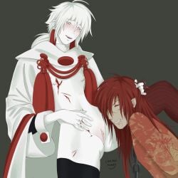 aoba_seragaki blood blush cuntboy dramatical_murder gay intersex killingoleander koujaku male mastectomy_scar red_hair redraw shiroba tagme tattoo white_body white_hair yaoi