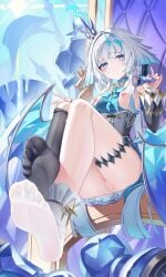 absurdres asymmetrical_footwear barefoot bishop_(chess) blue_dress blue_eyes blue_hair breasts breasts_out cerydra_(honkai:_star_rail) chess_piece crown dress feet female foot_focus hair_intakes highres holding holding_chess_piece honkai:_star_rail honkai_(series) jndfh king_(chess) long_hair looking_at_viewer mini_crown nipples open_mouth parted_lips pawn_(chess) pussy rook_(chess) single_thighhigh sitting_on_throne small_breasts soles solo thigh_strap thighhighs thighs toes uneven_footwear wings