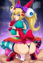 ai_generated bimbo blonde_hair blue_eyeshadow fatal_fury feminization hypnosis king_of_fighters mascara red_lipstick rule_63 snk squatting squatting_reverse_cowgirl_position sylvie_paula_paula_(cosplay) terry_bogard vaginal_penetration