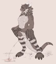 anthro artist_name balls bodily_fluids bottomwear clothed clothing crossdressing ear_piercing ear_ring eyelashes facial_piercing foreskin full-length_portrait genital_fluids genitals hi_res horn humanoid_genitalia humanoid_penis kobold legwear male male_anthro monochrome nose_piercing nose_ring notched_ear open_mouth pattern_clothing pattern_legwear peeing penis piercing portrait ring_piercing scalie septum_piercing septum_ring seraphictiger skirt solo standing striped_clothing striped_legwear stripes text urine urine_on_ground urine_stream