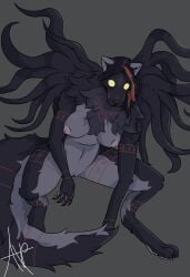 anthro arm_tattoo arm_tuft black_hair breasts canid canine canis cheek_tuft chest_tattoo circle_eyebrows clitoral_hood clitoris crouching ears_up elbow_tuft empty_eyes eyebrows facial_tattoo facial_tuft female fluffy fluffy_chest fluffy_ears fluffy_hair fluffy_hips fluffy_tail genitals hair hair_dye hi_res hornyavey humanoid_genitalia humanoid_vulva leg_tattoo looking_at_viewer mammal monster mythological_canine mythological_creature mythology neck_tuft nipples no_pupils pseudo_hair red_hair runes runewolf signature snout solo solo_focus symbol symbol_on_chest symbol_on_head symbol_on_thigh symbol_tattoo tail tattoo tentacle tentacle_hair thick_thighs tuft tulip_(hornyavey) vulva werecanid werecanine werecreature werewolf wide_hips wolf yellow_eyes