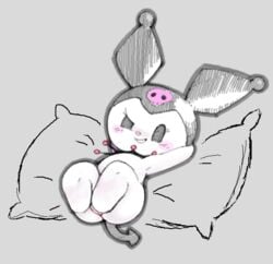 anthro barely_visible_genitalia blush exed_eyes female kuromi lagomorph leporid lying mammal on_back onegai_my_melody pillow pussy rabbit sanrio smile solo