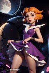 1girls ai_generated bracelet breasts brown_eyes brown_hair choker clothes_lift dress dress_lift earrings flower hanna-barbera hi_res jane_jetson jewelry lifted_by_self lips looking_at_viewer mecha moon necklace orange_hair panties parted_lips patreon_username progenarts purple_choker purple_dress robot short_hair small_breasts solo space the_jetsons underwear