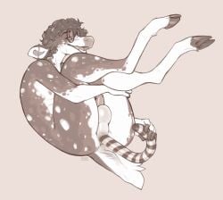 anthro artist_name balls candy candy_cane candy_cane_in_ass curly_hair deer dessert ear_piercing erection food genitals hair hi_res hooves humanoid_genitalia humanoid_penis industrial_piercing looking_pleasured lying male male_anthro mammal monochrome narrowed_eyes nipples nude on_back open_mouth penis perineum piercing seraphictiger simple_background solo spotted_arms spotted_legs text