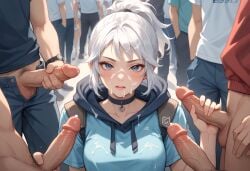 ai ai_generated anime blue_eyes blue_hoodie bukkake choker cum_on_face daylight erection female female gang_bang gangbang group multiple_penises outdoors semen sexual_barrier_device short_sleeves standing white_hair