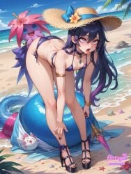 ai_assisted ai_generated beach bikini blue_sky breasts choker cloud crab day female flirtzy.ai flower food footprints hat horizon innertube long_hair looking_at_viewer nail_polish ocean open_mouth outdoors palm_tree pokemon_(creature popsicle purple_eyes red_nails sand sand_castle sand_sculpture sandals seashell shell shore sky standing starfish straw_hat sun_hat swimsuit toenail_polish tongue tongue_out tree water