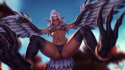 1girls aella_(personalami) barrens blizzard_entertainment blue_eyes bra breasts clothing dark-skinned_female dark_skin feathered_wings feathers female female_only hair harpy kalimdor medium_breasts original_character panties partially_visible_vulva personalami pointy_ears solo warcraft white_hair wings world_of_warcraft