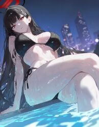 ai_generated bangs bellmod3 big_breasts bikini black_bikini black_hair blue_archive cleavage crossed_legs legs_crossed pool poolside rio_(blue_archive) thighs wet_body wet_skin