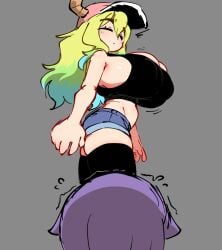1girls breasts breasts_bigger_than_head bursting_breasts dragon_girl female gigantic_breasts green_eyes hat horns jellot long_hair micro_shorts miss_kobayashi's_dragon_maid multicolored_hair nipple_bulge quetzalcoatl_(dragon_maid) tank_top thick_thighs thighhighs tight_clothing wide_hips