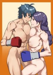 2girls ass athletic athletic_female breasts breasts_pressed_against_partner catfight fighting_stance highres long_hair looking_at_another multiple_girls muscular muscular_female nude rggr short_hair stare_down stareostar tagme