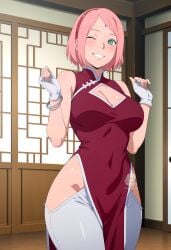 1girls adapted_costume ai_generated arisato_yu athletic athletic_female bangs bare_legs bare_shoulders big_breasts boruto:_naruto_next_generations breasts center_opening cleavage cocktail_dress crop_top crossed_arms curvaceous dress female female_only fit fit_female front_view green_eyes huge_breasts large_breasts looking_at_viewer mature_female milf nai_diffusion naruto naruto_(series) no_bra no_bra_under_clothes no_panties no_panties_under_dress open_clothes parted_bangs petite petite_body pink_hair revealing_clothes sakura_haruno shoulder_length_hair sidelocks skimpy skimpy_clothes sleeveless sleeveless_dress smile solo solo_focus swept_bangs upper_body voluptuous watermark