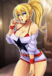 ai_generated alice_garnet_nakata alice_garnet_nakata_(cosplay) bimbo blonde_hair blue_eyeshadow fatal_fury feminization hypnosis king_of_fighters king_of_fighters_xiv mascara red_lipstick rule_63 sano-br snk terry_bogard