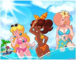 2boys 3girls ass beach bikini bikini_bottom bikini_top blooper breasts clothing dark-skinned_female dark_skin dat_ass female funnyhoohooman light-skinned_female light-skinned_male light_skin luigi male mario mario_(series) mario_kart_world nintendo princess princess_daisy princess_peach princess_rosalina royalty summer tagme thighs
