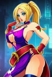 ai_generated b._jenet b._jenet_(cosplay) bimbo blonde_hair blue_eyeshadow fatal_fury fatal_fury:_city_of_the_wolves feminization garou:_mark_of_the_wolves hypnosis king_of_fighters mascara red_lipstick rule_63 sano-br snk terry_bogard