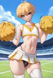 1boy ai_generated blonde_hair blue_eyes blush cheerleader cheerleader_uniform clothed clothing femboy girly girly_boy light-skinned_femboy light-skinned_male male outdoors public skirt tagme thick_thighs thighhighs wholesome