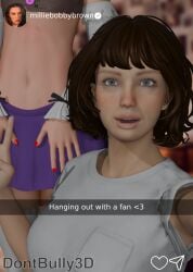 1boy 1boy1girl 1boy1girls 1girls 3d 3d_(artwork) blender blender_(artwork) blender_(software) brown_hair brunette_female brunette_hair brunette_hair_female celebrity clothed clothed_female clothed_male dont_bully_(artist) female femboy femboy_on_female hiro_(tales_of_androgyny) instagram instagram_username male millie_bobby_brown real_person selfie selfie_pose unseen_male_face