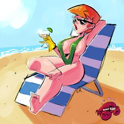 areolae barefoot beach big_breasts breasts cartoon_network crab dexter's_laboratory dexter's_mom drink female kappa_ross lipstick martini_glass milf string_bikini sunglasses thick_thighs