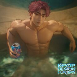 1boy abby_(kpop_demon_hunters) abs artist_name biceps genjiro kpop_demon_hunters looking_at_viewer male male_focus male_only muscular muscular_arms muscular_chest muscular_male netflix nipples pecs pectorals pink_hair pool saja_boys solo solo_male