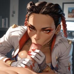 ai ai_generated blowjob braids caucasian cleavage close-up computer_screen dark_hair deep_blowjob deepthroat erection fellatio female female futanari gold_accents intimate loba_(apex_legends) medium_breasts modern_warfare office_background orange_eyeshadow realistic_style red_nails sexy sucking sucking_penis white_jacket