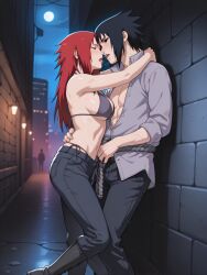1boy 1girls abs against_wall ai_generated alley back_against_wall belt bikini bikini_top black_legwear black_pants boots breasts drool drool_string drooling drooling_tongue female french_kiss grabbing grabbing_head grabbing_hips grabbing_neck hand_on_head hand_on_hip hand_on_neck hip_grab imminent_sex jeans kissing long_hair long_sleeves makeout male male/female moon muscular muscular_female muscular_male naruto naruto_(series) naruto_shippuden night night_sky open_clothes open_shirt pants partially_clothed partially_unbuttoned pinned pinned_to_wall public public_exposure public_indecency public_nudity public_sex pulling_hair red_eyes red_hair rope saliva saliva_drip saliva_on_tongue saliva_string saliva_trail sasuke_uchiha sex shirt shirtless sleeves_rolled_up standing sweat sweatdrop sweating sweaty tongue tongue_kiss tongue_out topless topless_male uchiha_sasuke unbuttoned uzumaki_karin