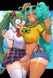 2futas age_difference ai_assisted ai_generated altra_x balls blue_eyes blush brazilian_flag brazilian_miku breasts coke-bottle_glasses confessions_of_a_rotten_girl_(vocaloid) eyewear_on_head foreskin fujoshi_miku futanari hand_on_butt hatsune_miku hug huge_breasts intersex middle_finger navel penis precum school_uniform shorts shy small_breasts smirk sunglasses surprised t-shirt tan_skin testicles thighhighs twintails uncircumcised vocaloid wavy_mouth