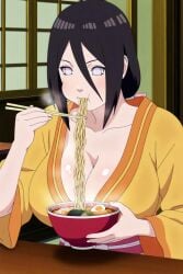 1girls ai_generated bare_breasts bare_chest bare_shoulders bent_over big_breasts blush boruto:_naruto_next_generations bowl breasts brown_hair busty chair cleavage eating female female_only food food_play hakama hakama_skirt huge_breasts hyuuga_hanabi japanese_clothes kimono kimono_down large_breasts lavender_eyes light-skinned_female light_skin long_skirt long_sleeves looking_at_viewer naruto naruto_(series) no_bra nose_blush paipan pale-skinned_female pale_skin public_indecency ramen sexually_suggestive skirt solo solo_focus suggestive table upper_body wafuku weiwafermon wide_sleeves yukata