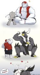 2boys ass bara baseball_cap bear_boy belly commentary_request fat flaccid furry furry_male furry_with_furry glasses hat highres holding holding_poke_ball interspecies kubfu llazyloong male male_focus multiple_boys muscular muscular_male nipples open_clothes open_vest original penis plump poke_ball pokemon pokemon_(species) single_strike_style_urshifu socks tail testicles translation_request urshifu vest white_fur yaoi