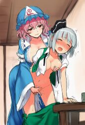 2girls ai_generated arm_support blush cleavage closed_eyes drooling finger_fuck fingering fingering_pussy grabbing_another's_breast looking_at_another motion_lines navel open_mouth open_shirt pink_hair pussy pussy_juice skirt_down squirting standing table touhou white_hair youmu_konpaku yuri yuyuko_saigyouji