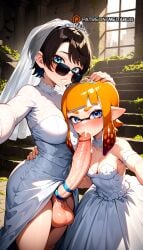 2girls ai_generated amazing arm_around_waist balls big_balls big_penis black_hair blue_eyes blush breasts bride brown_hair closed_mouth cock_ring cum cum_in_mouth erection eye_contact fellatio female futa_on_female futanari hand_on_another's_head hat holding hololive hololive_gen_2 hololive_japan incest indoors inkling inkling_girl inkling_player_character intersex large_penis large_testicles lipstick long_hair looking_at_viewer looking_over_eyewear looking_over_sunglasses makeup meitabuu milf multicolored_hair official_alternate_costume oozora_subaru oral penis pointy_ears pokemon pokemon_xy ruins selfie shirt short_hair skirt small_breasts splatoon splatoon_(series) sunglasses tentacle_hair testicles tiara tinted_eyewear virtual_youtuber wedding wedding_dress white_dress white_shirt