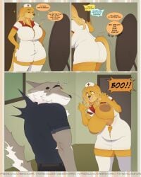1boy 1girls 5_fingers anthro apollo_(cherrikissu) big_breasts breasts brown_body brown_fur brown_hair button_pop canid canine canis cherrikissu closed_eyes clothed clothing comic curvy_figure dialogue domestic_dog duo ear_piercing english_text exposed_breasts eyebrow_through_hair eyebrows female fingers fur gauged_ear hair hands_on_own_hips hi_res huge_breasts hunting_dog inverted_nipples leaning leaning_forward legwear long_hair mabel_(cherrikissu) male male/female mammal mature_anthro mature_female nipples nurse_clothing open_mouth piercing saluki sighthound slightly_chubby speech_bubble stockings teeth text thick_thighs thigh_highs tongue translucent translucent_hair url very_high_resolution voluptuous wardrobe_malfunction wide_hips