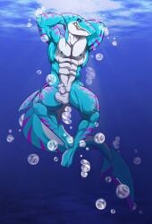 animal_humanoid anthro balls big_(disambiguation) big_balls bubble bulge clothing fin fish fish_humanoid flexible foreskin genitals hands_behind_head hi_res humanoid male marine marine_humanoid muscular muscular_anthro muscular_male muscular_thighs nipples nude nude_male ocean_floor penis pinup pits pose requiem_shark sea shark shark_humanoid shark_tail sharp_teeth smile smirk solo speedo swimwear tail teeth tiger_shark uncircumcised underwater water