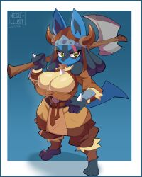4:5 anthro armor axe battle_axe big_breasts blue_border border breasts canid canine chest_spike cleavage clothed clothing eye_scar facial_scar female generation_4_pokemon green_eyes hand_on_hip hand_spike headgear helmet hi_res holding_battle_axe holding_melee_weapon holding_object holding_weapon lucario melee_weapon negullust nintendo pokemon pokemon_(species) scar shortstack solo spikes spikes_(anatomy) standing tail weapon