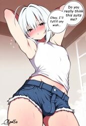 ai_generated armpits arms_behind_head arms_up bearing_hips blush boy bulge bulge_through_clothing crossdressing dark_eyes denim_shorts english_text female femboy feminine_body feminine_male feminization glow5x high_resolution high_waisted_pants highres hips hourglass_figure looking_at_viewer male medium_hair nipples_bulge nipples_visible_through_clothing original original_artwork original_character otoko_no_ko self_upload shiny_skin shorts sissy slim_waist stockings surprised tank_top text text_bubble thick_thighs thighs tomgirl trap watermark white_hair white_top wide_hips