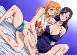 2girls big_breasts bikini breasts busty cleavage dress dressrosa female female_only jeans long_hair nami nel-zel_formula nico_robin one_piece orange_hair post-timeskip shorts shortshorts shounen_jump simple_background voluptuous yuri