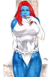 1girls 2018 big_breasts blue_skin breasts busty curvaceous curvy dated dress ed_benes_studio eyeshadow female female_only finger_to_mouth gloves homo_superior huge_breasts human iago_maia large_breasts leaning leotard long_hair makeup marvel marvel_comics mutant mystique orange_eyes orange_sclera pinup raven_darkholme red_hair red_lips red_lipstick shapeshifter signature skull_belt skull_hair_ornament solo straight_hair supervillain thick_thighs thighs voluptuous white_dress white_gloves white_leotard x-men