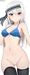 1girls blue_bra blush blushing blushing_at_viewer kaguya-sama_wa_kokurasetai_~tensai-tachi_no_renai_zunousen~ long_hair medium_breasts no_panties roswell-ss round_ass shaved_crotch shaved_pussy shirogane_kei solo solo_female solo_focus teenage_girl teenage_tits teenager tigh_highs white_hair