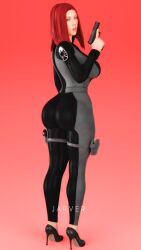 1girls 3d 3d_(artwork) ass ass_focus avengers big_ass big_breasts big_butt black_widow_(marvel) bodysuit breasts female female_only gun holding_weapon jarver light-skinned_female looking_at_viewer looking_back marvel pose posing red_hair scarlett_johansson solo source_filmmaker suit thick_ass thick_thighs