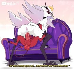 anthro anus ass balls bodily_fluids breasts cum cum_in_vagina cum_inside demon dialogue duo female female_penetrated furniture genital_fluids genitals goz-o helluva_boss hi_res humanoid imp male male/female male_penetrating male_penetrating_female markings moxxie_(helluva_boss) peafowl_demon penetration penile penile_penetration penis_in_vagina pussy red_body sex signature size_difference sofa stella_(helluva_boss) talking_to_another tears vaginal_penetration vulva white_body youtube