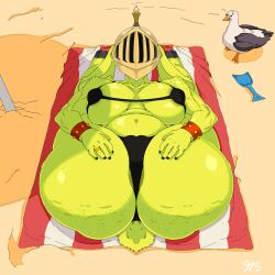 ass beach big_ass big_breasts bikini breasts female golda green_skin midget smaller_female
