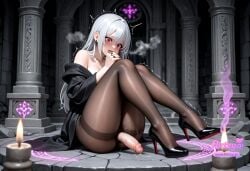 1boy ^^^ ai_assisted ai_generated balls bangs bare_shoulders black_legwear blush collarbone covering_mouth cum erection eyebrows_visible_through_hair flirtzy.ai futanari high_heels intersex jacket long_hair looking_at_viewer male male_focus off_shoulder otoko_no_ko pantyhose penis red_eyes sex_toy shoes solo tearing_up testicles thighband_pantyhose trembling uncensored white_hair